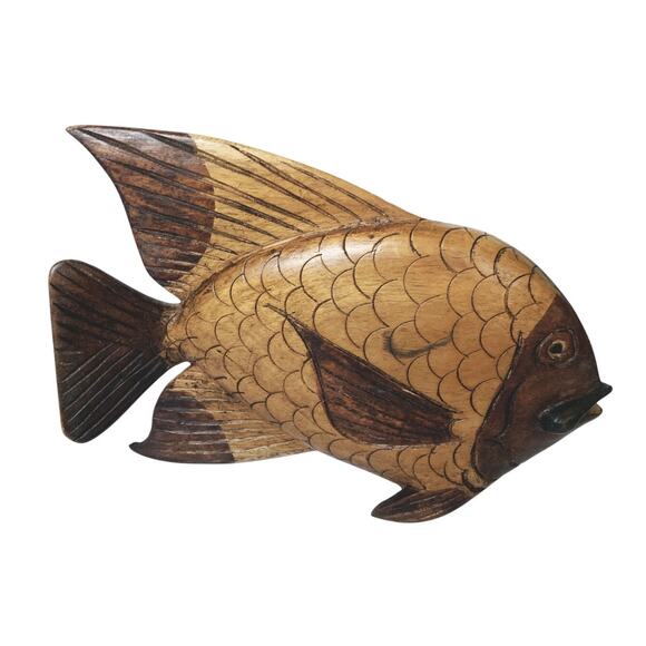 Vintage Pair of Wood Carved Fish Detailed Scales Sculpture 9" x 6" - Picture 6 of 9